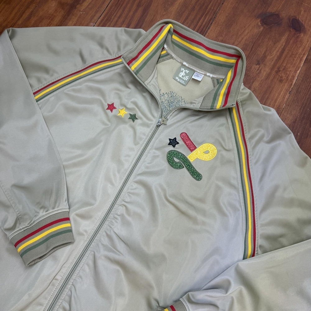 Vtg LRG Deeper Roots Track Jacket XL Rasta Stripe Rhinestone Y2K Streetwear